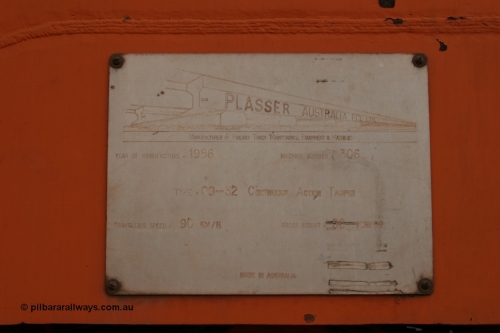 050412 0821
Abydos Siding backtrack, builders plate of BHP's Mainline Tamper 1, a Plasser Australia 09-32 CAT model tamper serial 306 built in 1986. 12th April 2005.
Keywords: Tamper1;Plasser-Australia;09-32-CAT;306;track-machine;