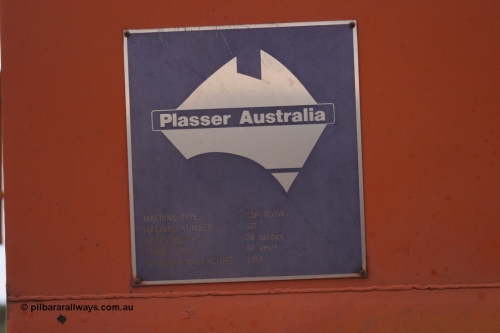 050412 0822
Abydos Siding backtrack, builders plate of BHP's ballast regulator BR 31 a Plasser Australia SSP 110SW model serial 401 built in 1993. 12th April 2005.
Keywords: BR31;Plasser-Australia;SSP-110SW;401;track-machine;