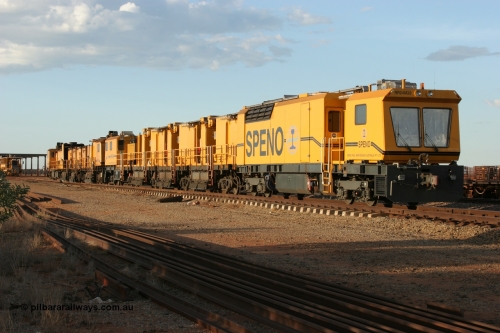 050414 0945
Flash Butt yard, Speno Australia's double RR24 rail grinder setup for BHP. Front unit is serial M20. These were later numbered as RG 1 and RG 2 respectively. 14th April 2005.
Keywords: Speno;RR24;M20;track-machine;