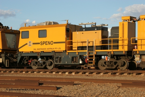 050414 0949
Flash Butt yard, Speno Australia's RR24 model 24 stone rail grinder serial M20 before it had id stickers fitted, this unit was later stickered as RG 1, rear view of the air compressor and driving module. 14th April 2005.
Keywords: Speno;RR24;M20;track-machine;
