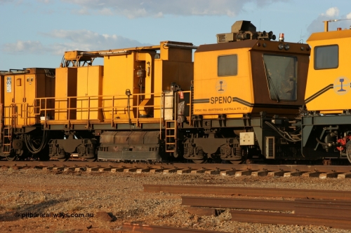 050414 0950
Flash Butt yard, Speno Australia's 24 stone rail grinder before they had id stickers fitted, this front unit was later stickered as RG 2, view of the driving cab on the third grinding module. 14th April 2005.
Keywords: Speno;RR24;track-machine;