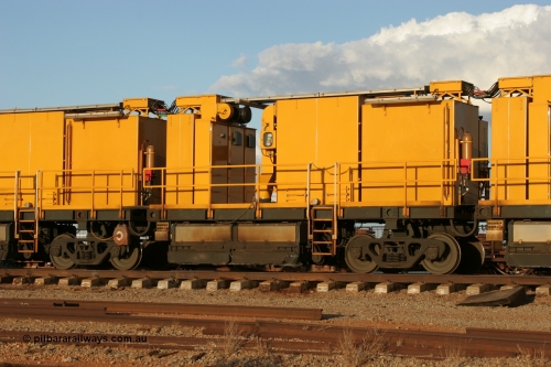 050414 0954
Flash Butt yard, Speno Australia's RR24 model 24 stone rail grinder serial M20 before it had id stickers fitted, this unit was later stickered as RG 1, view of the second grinding module coupled. 14th April 2005.
Keywords: Speno;RR24;M20;track-machine;