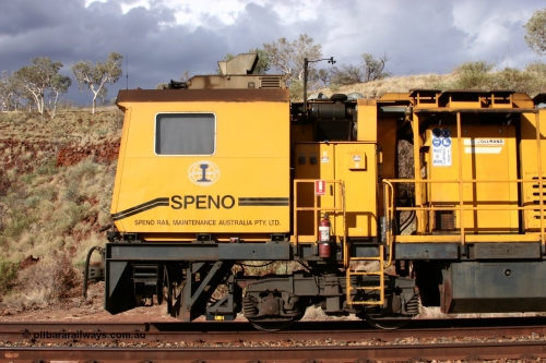 050421 1612
Hesta Siding backtrack, Speno Australia's 24 stone rail grinder before they had id stickers fitted, this front unit was later stickered as RG 2, side view of the driving cab on the generator module. 21st April 2005.
Keywords: Speno;RR24;track-machine;
