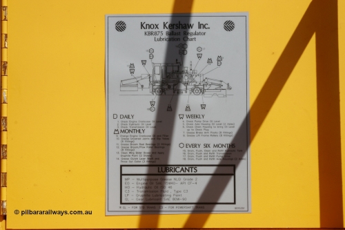 051001 5680
Flash Butt yard, lube chart of a newly delivered Knox Kershaw KBR 875 ballast regulator serial 015-875-05. 1st October 2005.
Keywords: Knox-Kershaw;KBR-875;track-machine;