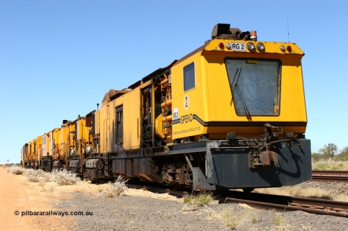 060501 3930
Abydos Siding backtrack, Speno rail grinder RG 2 coupled to RG 1. 1st May 2006.
Keywords: RG2;Speno;RR24;track-machine;