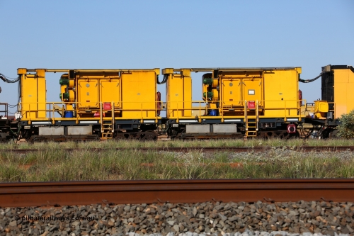 150619 9091
Flash Butt yard, Speno owned and operated rail grinder RG2 for BHP, rail grinding module, from the left, water tank, electrical cabinet, blower fans and filter housing, water tank, water tank, electrical cabinet, blower fans and filter housing, fuel tank.
Keywords: RG2;Speno;track-machine;