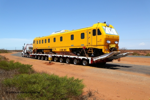 151206 9649
Boodarie, parked up in a parking bay just out of town on a Sunday awaiting delivery on the following day, on a Gavin Transport Drake float, BHP's new track recording vehicle which is a Mermec ROGER 800 imported from Italy. ROGER is an acronym for Rilievo Ottico Geometria Rotaia, Italian for optical rail geometry control.
Keywords: MM800;Mermec-Italy;Roger-800;track-machine;