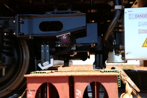 151206 9656
Boodarie, on a Gavin Transport Drake float, BHP's new track recording vehicle which is a Mermec ROGER 800 imported from Italy. Underbody detail of the testing units.
Keywords: MM800;Mermec-Italy;Roger-800;track-machine;