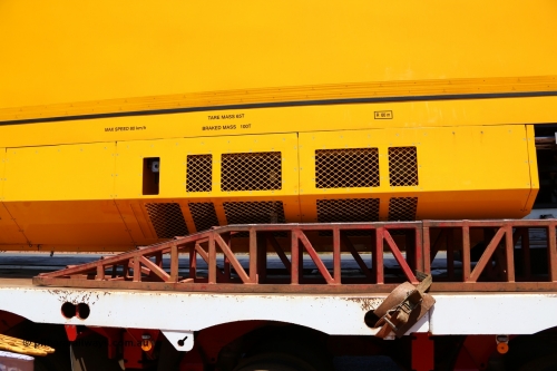 151206 9658
Boodarie, on a Gavin Transport Drake float, BHP's new track recording vehicle which is a Mermec ROGER 800 imported from Italy. Max speed 80 km/h, tare 65 tonnes, minimum radius R 80 m.
Keywords: MM800;Mermec-Italy;Roger-800;track-machine;