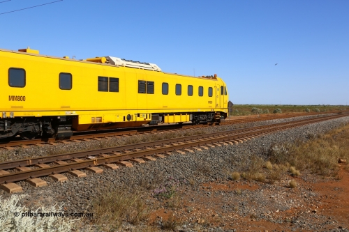 190911 4754
Port Hedland, Broome Rd crossing, BHP's MM 800 track recording vehicle powers south on a recording run, the MM 800 was built by Mermec in Italy and is a ROGER 800 model, ROGER is an acronym for Rilievo Ottico Geometria Rotaia, Italian for optical rail geometry control.
Keywords: MM800;Mermec-Italy;Roger-800;track-machine;