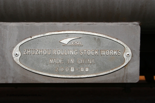 01395 080116 1366
Chapman Siding, builders plate on FMG waggon 1395, CSR Zhuzhou Rolling Stock Works, year of 2007 and month 10 for October.
Keywords: 1395;CSR-Zhuzhou-Rolling-Stock-Works-China;FMG-ore-waggon;