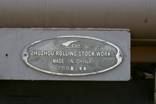 02396 080116 1383
Chapman Siding, builders plate on FMG waggon 2396, CSR Zhuzhou Rolling Stock Works, year of 2007 and month 10 for October.
Keywords: 2396;CSR-Zhuzhou-Rolling-Stock-Works-China;FMG-ore-waggon;