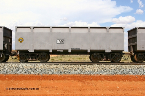 01255 080124 1629
Chapman Siding, side view of slave waggon 1255, the yellow circle around the tare weight 22.6 t indicates the rotary coupler end, built by China Southern or CSR at their Zhuzhou Rolling Stock Works in China in 2007. 24th January 2008.
Keywords: 1256;CSR-Zhuzhou-Rolling-Stock-Works-China;FMG-ore-waggon;