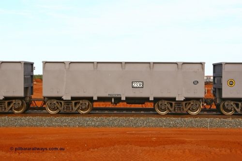 02336 080304 2191
Thomas Yard, down the rail welding end, side view of control waggon 2336, built by China Southern or CSR at their Zhuzhou Rolling Stock Works in China in 2007. 4th March 2008.
Keywords: 2336;CSR-Zhuzhou-Rolling-Stock-Works-China;FMG-ore-waggon;