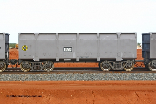 01515 080304 2203
Thomas Yard, down the rail welding end, side view of slave waggon 1515, the yellow circle around the tare weight 22.6 t indicates the rotary coupler end, built by China Southern or CSR at their Zhuzhou Rolling Stock Works in China in 2007. 4th March 2008.
Keywords: 1515;CSR-Zhuzhou-Rolling-Stock-Works-China;FMG-ore-waggon;