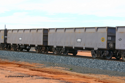 01001-02002 080620 2648
Boodarie, FMG's lowest numbered waggon pair, 1001 [slave] - 2002 [master], on a loaded arriving at the port around the 5 km curve. This was the second set numbered 1001 - 2002, as the original all flat sided pair went on to become a compressor set. Built by CSR Zhuzhou, China in 2007. June 20, 2008.
Keywords: 1001-2002;CSR-Zhuzhou-Rolling-Stock-Works-China;CRRC-Yangtze;FMG-ore-waggon;