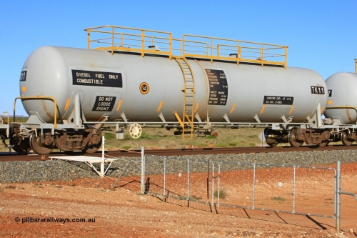 TK 11 110620 2280
Chapman, FMG TK type fuel tank waggon TK 11 built by China Southern CSR at their Zhuzhou Rolling Stock Works plant in China in 2008 as part of an order for twelve tanks, is on the loaded fuel train to Cloud Break. 20th June 2011.
Keywords: TK11;TK-type;CSR-Zhuzhou-Rolling-Stock-Works-China;FMG-tank-waggon;