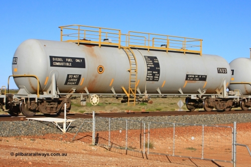 TK 03 110620 2282
Chapman, FMG TK type fuel tank waggon TK 03 built by China Southern CSR at their Zhuzhou Rolling Stock Works plant in China in 2008 as part of an order for twelve tanks, is on the loaded fuel train to Cloud Break. 20th June 2011.
Keywords: TK03;TK-type;CSR-Zhuzhou-Rolling-Stock-Works-China;FMG-tank-waggon