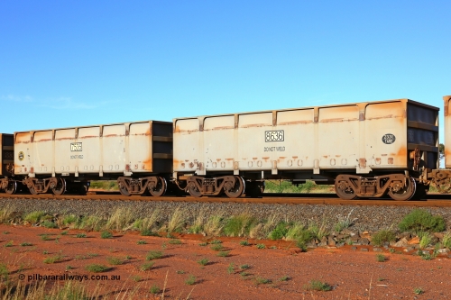 07535-08636 200412 6069
Boodarie, part of a loaded FMG train, a mismatched waggon pair, both are CRRC Yangtze Rolling Stock Co. of China builds, 7535 is a slave waggon with rotary coupler and 23.1 tonne tare and carrying the wrong number as it should be 7635, coupled to control waggon 8636 23.3 tonnes tare. Earlier on the same day I saw another 7535 coupled to a 8536. Both should be 2018 builds. 12th April 2020.
Keywords: 7535-8636;CRRC-Yangtze-Rolling-Stock-Co-China;FMG-ore-waggon