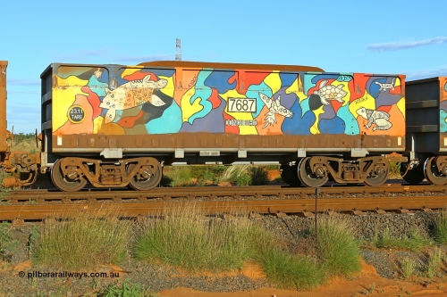 07687-08688 200412 6177
Boodarie, part of a loaded FMG train, painted ore waggon pair 7687 - 8688 built by CRRC Yangtze Rolling Stock Co. of China in 2018, 7687 waggon view, it features mural painting by students of South Hedland High School and was painted in August 2018. April 12, 2020.
Keywords: 7687-8688;CRRC-Yangtze-China;FMG-ore-waggon;