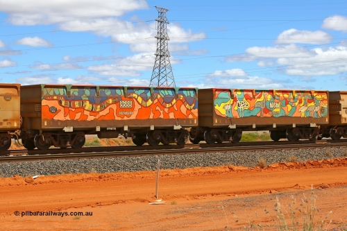 07687-08688 210321 9036
Boodarie, part of a loaded FMG train, painted ore waggon pair 7687 - 8688 built by CRRC Yangtze Rolling Stock Co. of China in 2018, it features mural painting by students of South Hedland High School and was painted in August 2018. March 21, 2021.
Keywords: 7687-8688;CRRC-Yangtze-China;FMG-ore-waggon;