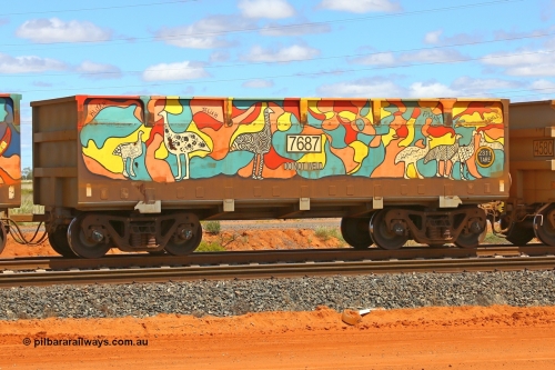 07687-08688 210321 9038
Boodarie, part of a loaded FMG train, painted ore waggon pair 7687 - 8688 built by CRRC Yangtze Rolling Stock Co. of China in 2018, 7687 waggon view, it features mural painting by students of South Hedland High School and was painted in August 2018. March 21, 2021.
Keywords: 7687-8688;CRRC-Yangtze-China;FMG-ore-waggon;
