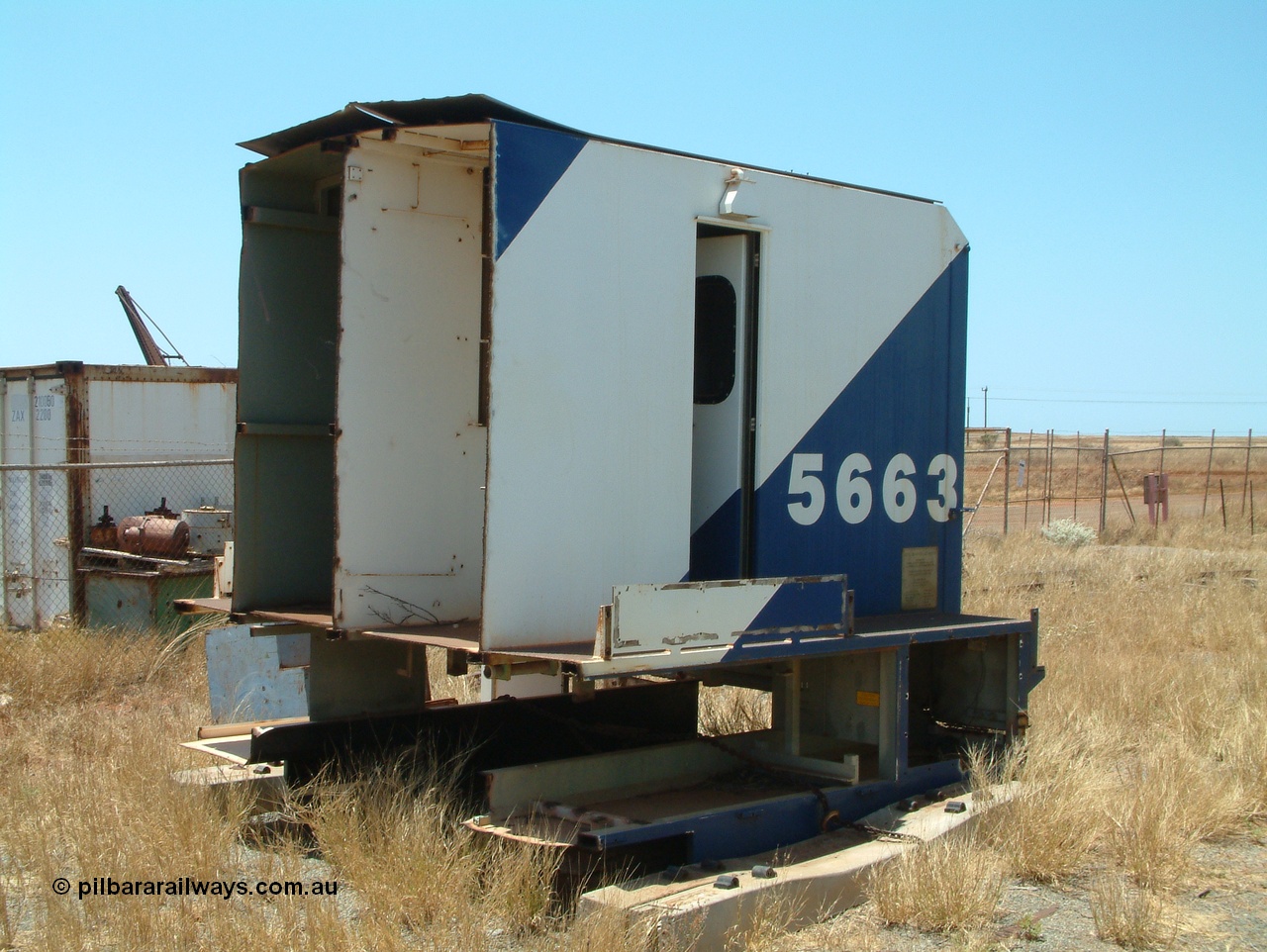041014 122434
Pilbara Railways Historical Society, the Locotrol 'cab' from Goninan WA rebuild CM40-8ML unit 5663 Newcastle, one of three units built without a driving cab in 1994 but with a Locotrol equipment cabinet to do away with the Locotrol waggons that were in use at the time. Eventually the three locomotives had driving cabs fitted. Donated to the Society around 1998? 14th October 2004.
Keywords: 5663;Goninan;GE;CM40-8ML;8412-08/94-154;rebuild;AE-Goodwin;ALCo;M636C;5476;G6047-8