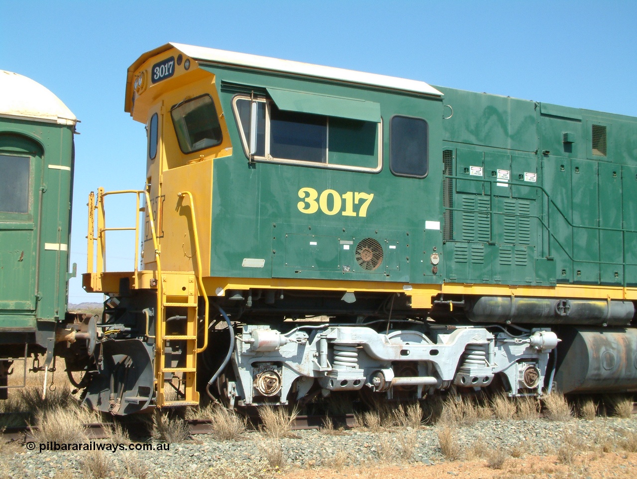 041014 142110
Pilbara Railways Historical Society, Comeng WA ALCo rebuild C636R locomotive 3017 serial WA-135-C-6043-04. The improved Pilbara cab was fitted as part of the rebuild in April 1985. Donated to Society in 1996. 14th October 2004.
Keywords: 3017;Comeng-WA;ALCo;C636R;WA-135-C-6043-04;rebuild;