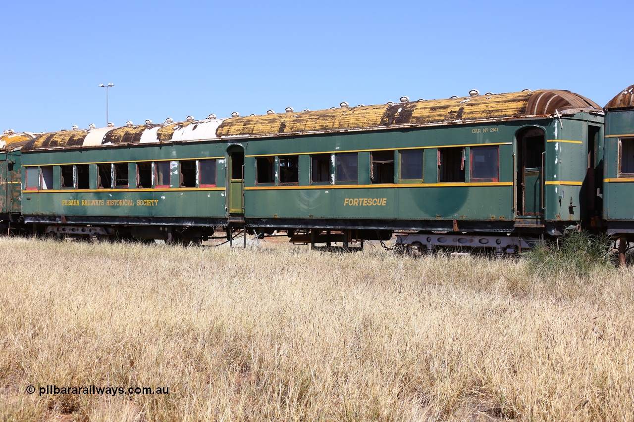 200914 7789
Pilbara Railways Historical Society, passenger carriage 'Fortescue' was originally built by Clyde Engineering at Granville NSW in 1936 for the NSWGR as a second class railway carriage FS type FS 2141. In 1975 it was purchased by the Society and is named after a local river. 14th September 2020.
Keywords: FS2141;FS-type;Clyde-Engineering-Granville-NSW;