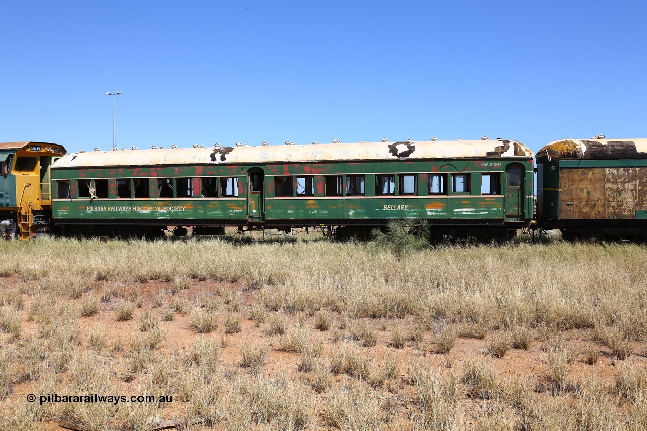 200914 7796
Pilbara Railways Historical Society, passenger carriage 'Bellany' was originally built by Clyde Engineering at Granville NSW in 1936 for the NSWGR as a second class railway carriage FS type FS 2143. In 1987 it was purchased by the Society and is named after a local river. 14th September 2020.
Keywords: FS2143;FS-type;Clyde-Engineering-Granville-NSW;