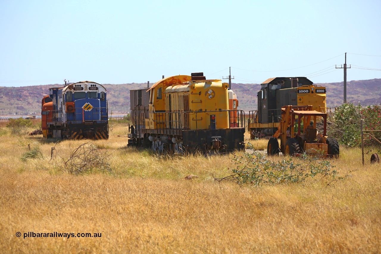 200914 7798
Pilbara Railways Historical Society, view looking north with locomotives from the left; former Mt Newman Mining EMD F7A 5450, former Mt Newman Mining / BHP ALCo M636 5502, former Cliffs Robe River ALCo RSD3 4002, a glimpse of former Goldsworthy Mining English Electric ST95B 1 and former Hamersley Iron ALCo C-415 1000. 14th September 2020.
