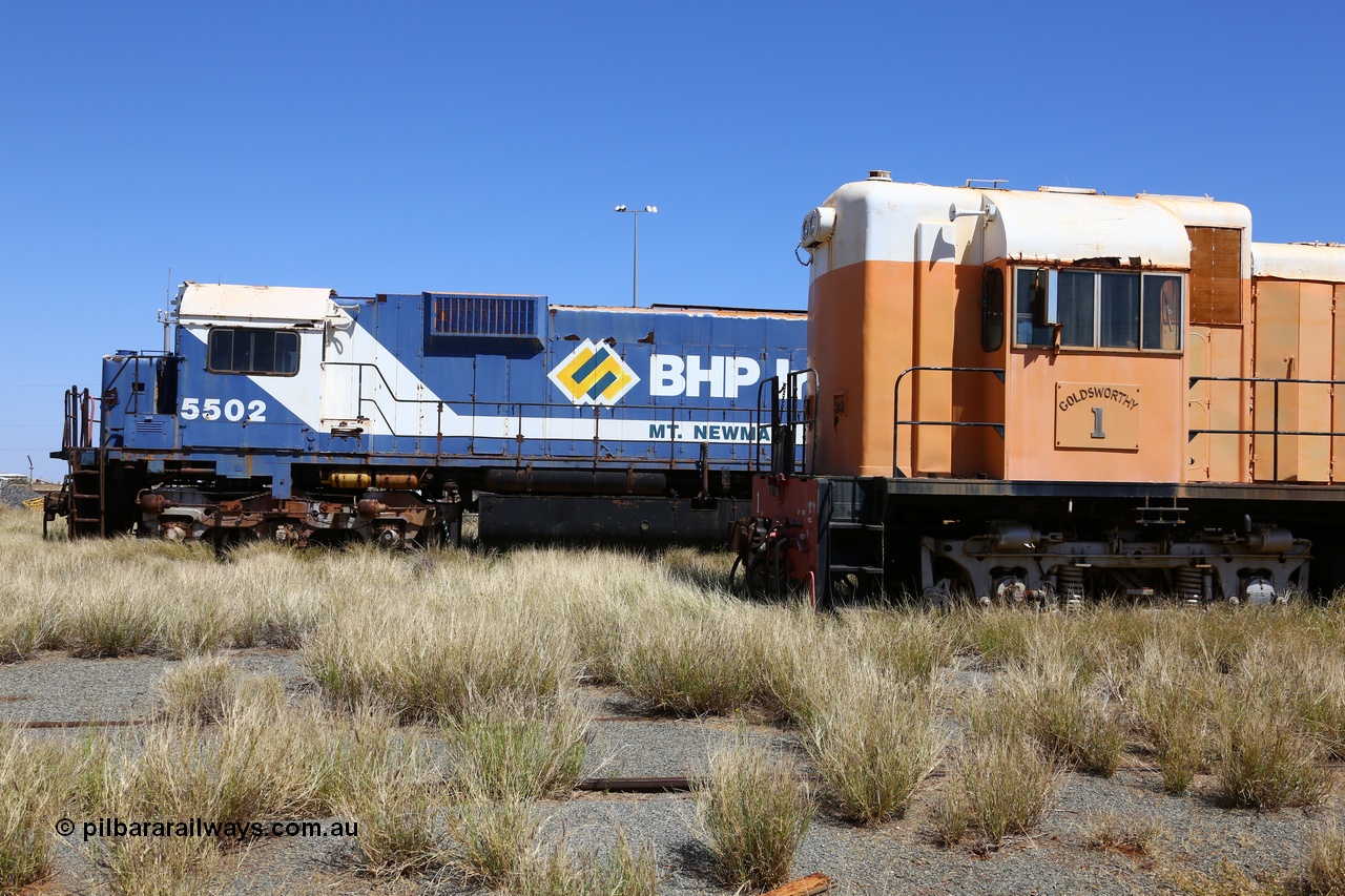 200914 7814
Pilbara Railways Historical Society, cab side views of former Goldsworthy Mining locomotive 1 an English Electric ST95B model built in Qld and former Mt Newman Mining / BHP Iron Ore locomotive 5502 an ALCo M636 model built by Comeng NSW. 14th September 2020.

