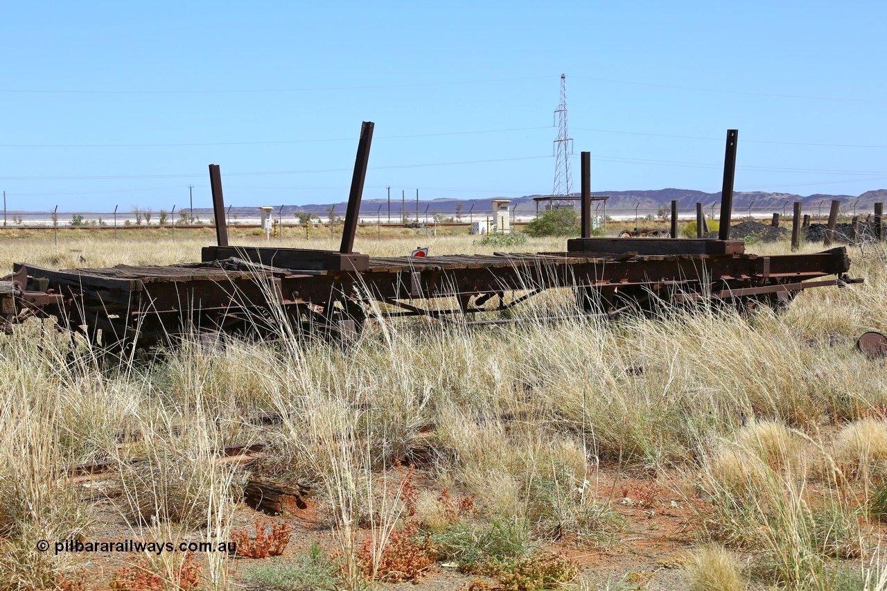 200914 7818
Pilbara Railways Historical Society, wooden decked steel frame bogie waggon from the Point Samson PWD, the lever on the right bogie is the hand or foot brake. 14th September 2020.
