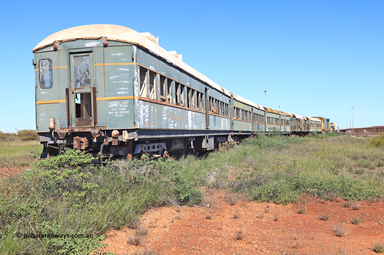 240701 2726
Pilbara Railways Historical Society, view along the passenger carriages, closest is the 'Conference Car' with SV 4 still visible, originally built by Clyde Engineering at Granville NSW in 1935 for the NSWGR as a second class railway carriage FS type FS 2010. In 1975 it was purchased by Hamersley Iron and converted to an inspection vehicle SV 4. When donated to the Society it was repurposed as a conference car. July 1, 2024.
Keywords: FS2010;FS-type;Clyde-Engineering-Granville-NSW;