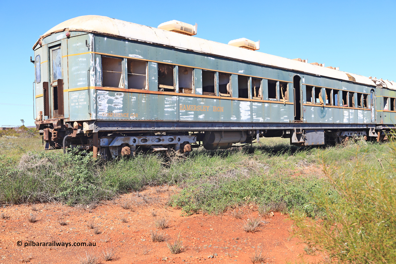 240701 2727
Pilbara Railways Historical Society, passenger carriage 'Conference Car' originally built by Clyde Engineering at Granville NSW in 1935 for the NSWGR as a second class railway carriage FS type FS 2010. In 1975 it was purchased by Hamersley Iron and converted to an inspection vehicle SV 4. When donated to the Society it was repurposed as a conference car. July1, 2024.
Keywords: FS2010;FS-type;Clyde-Engineering-Granville-NSW;