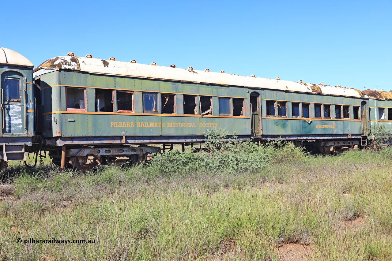 240701 2728
Pilbara Railways Historical Society, passenger carriage 'Weelumurra' was originally built by Clyde Engineering at Granville NSW in 1936 for the NSWGR as a second class railway carriage FS type FS 2138. In 1975 it was purchased by the Society and is named after a local river. July 1, 2024.
Keywords: FS2138;FS-type;Clyde-Engineering-Granville-NSW;