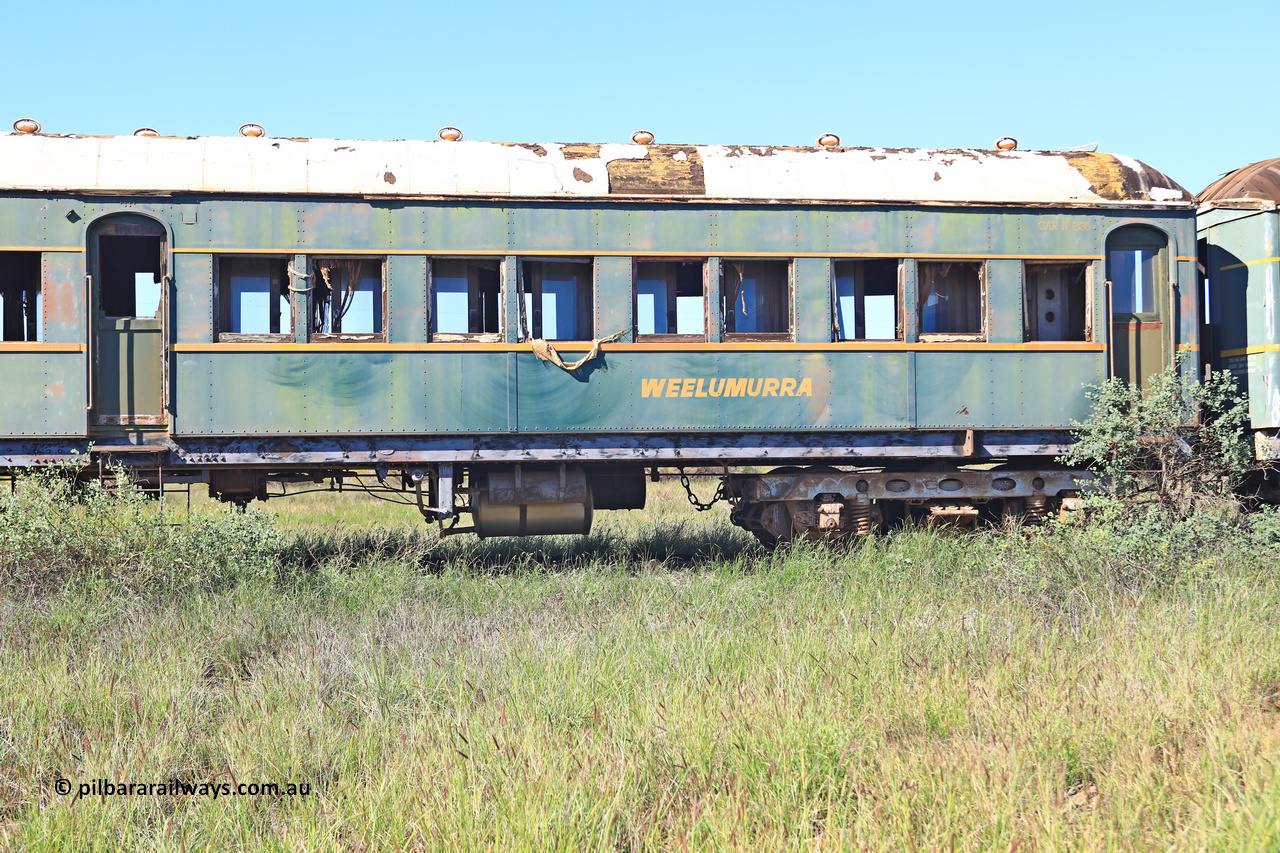 240701 2729
Pilbara Railways Historical Society, passenger carriage 'Weelumurra' was originally built by Clyde Engineering at Granville NSW in 1936 for the NSWGR as a second class railway carriage FS type FS 2138. In 1975 it was purchased by the Society and is named after a local river. July 1, 2024.
Keywords: FS2138;FS-type;Clyde-Engineering-Granville-NSW;