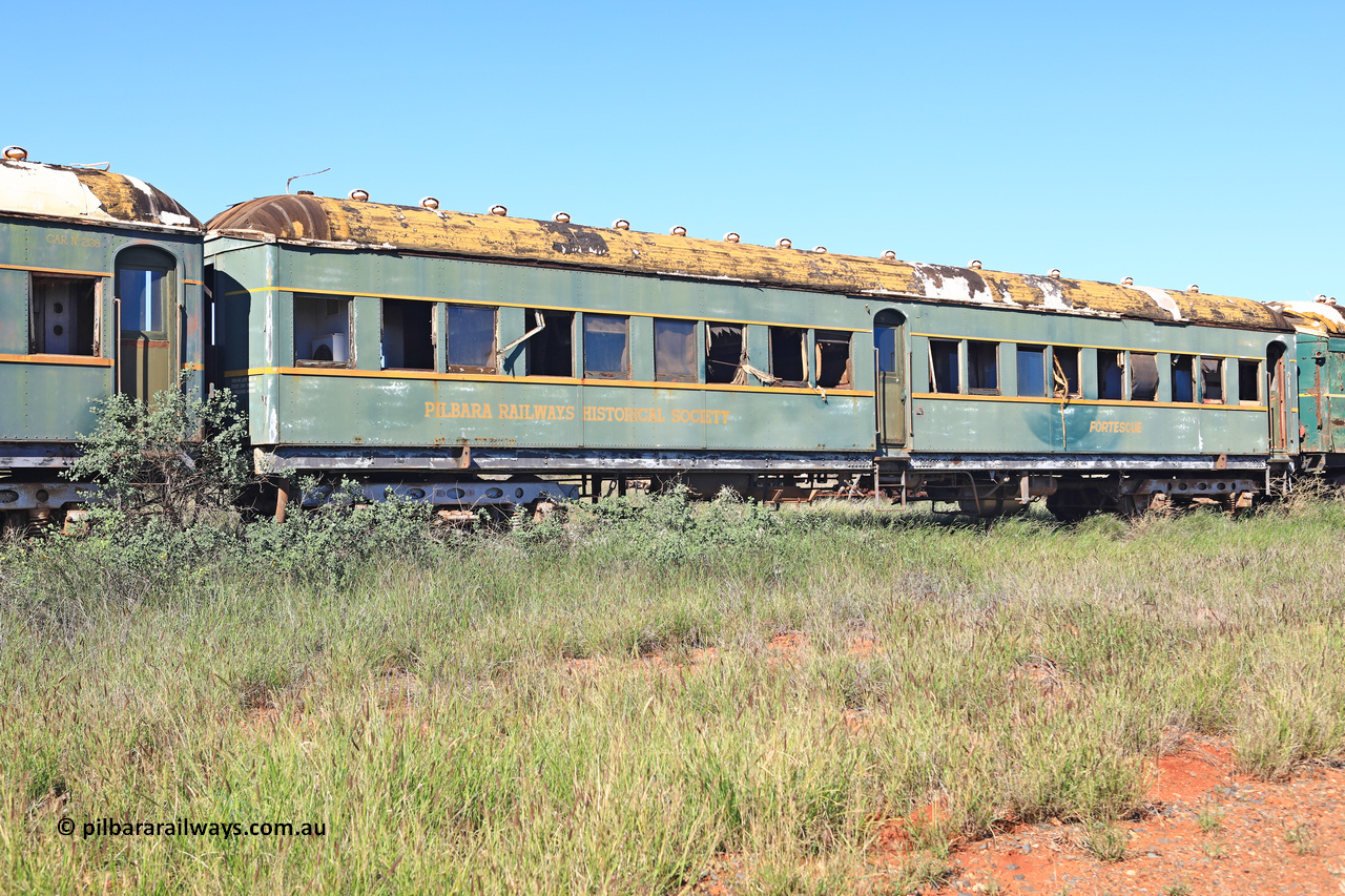 240701 2730
Pilbara Railways Historical Society, passenger carriage 'Fortescue' was originally built by Clyde Engineering at Granville NSW in 1936 for the NSWGR as a second class railway carriage FS type FS 2141. In 1975 it was purchased by the Society and is named after a local river. July 1, 2024.
Keywords: FS2141;FS-type;Clyde-Engineering-Granville-NSW;