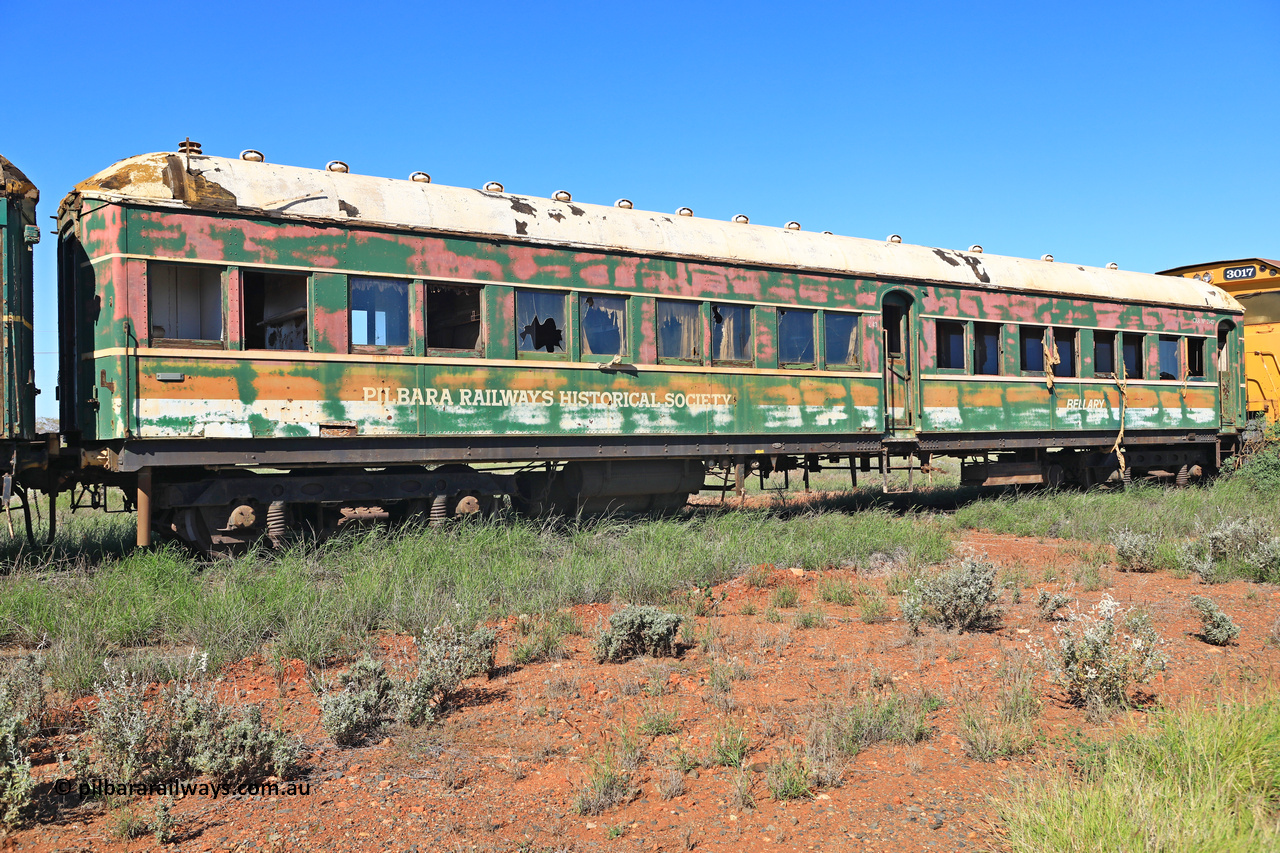 240701 2732
Pilbara Railways Historical Society, passenger carriage 'Bellary' was originally built by Clyde Engineering at Granville NSW in 1936 for the NSWGR as a second class railway carriage FS type FS 2143. In 1987 it was purchased by the Society and is named after a local river. July 1, 2024.
Keywords: FS2143;FS-type;Clyde-Engineering-Granville-NSW;