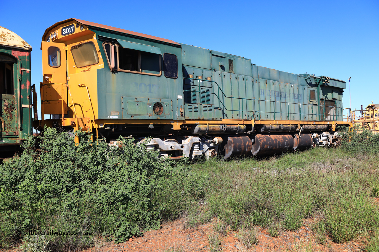240701 2734
Pilbara Railways Historical Society, Comeng WA ALCo rebuild C636R locomotive 3017 serial WA-135-C-6043-04. The improved Pilbara cab was fitted as part of the rebuild in April 1985. Donated to Society in 1996. July 1, 2024.
Keywords: 3017;Comeng-WA;ALCo;C636R;WA-135-C-6043-04;rebuild;