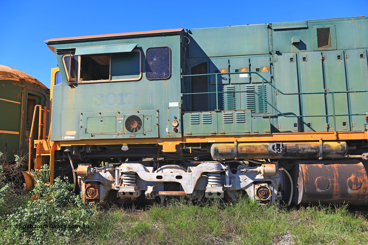 240701 2735
Pilbara Railways Historical Society, Comeng WA ALCo rebuild C636R locomotive 3017 serial WA-135-C-6043-04. The improved Pilbara cab was fitted as part of the rebuild in April 1985. Donated to Society in 1996. July 1, 2024.
Keywords: 3017;Comeng-WA;ALCo;C636R;WA-135-C-6043-04;rebuild;