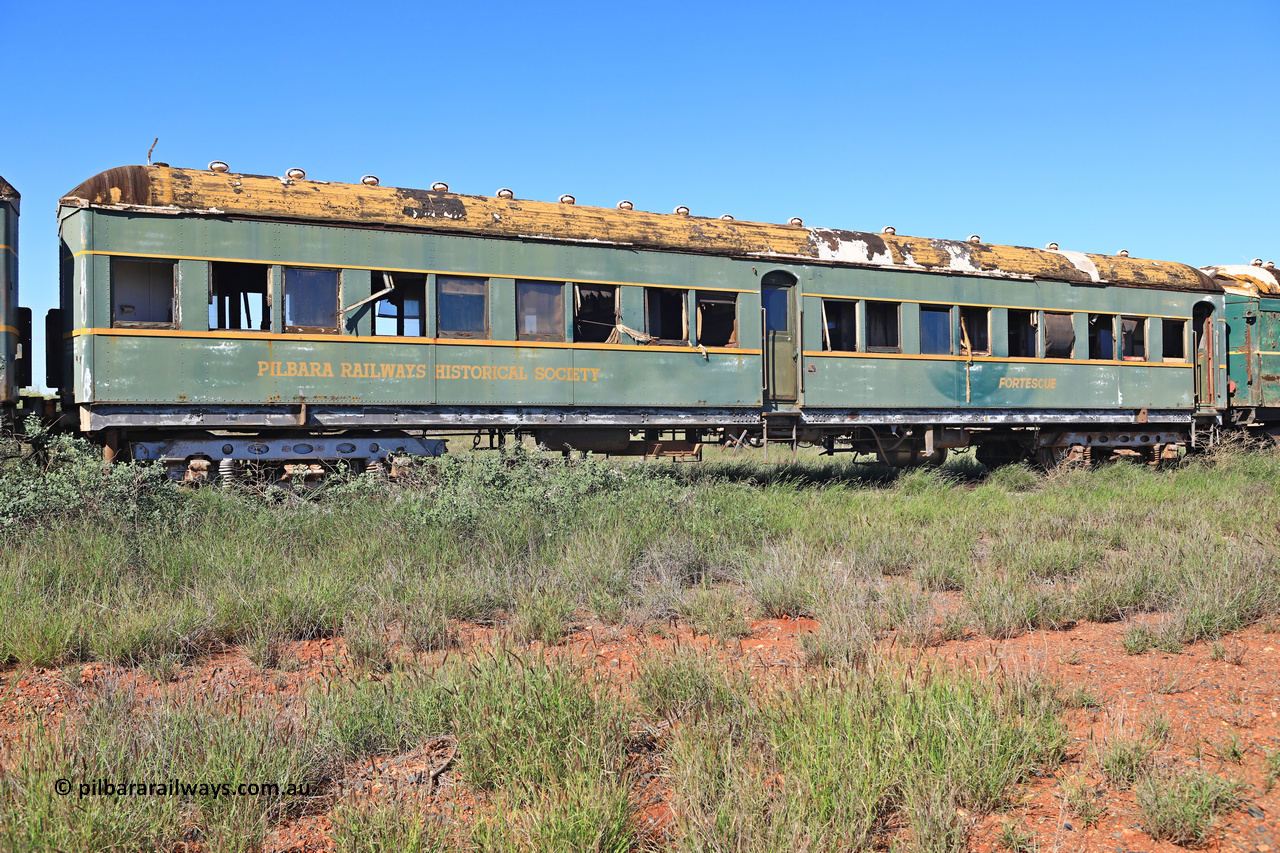 240701 2749
Pilbara Railways Historical Society, passenger carriage 'Fortescue' was originally built by Clyde Engineering at Granville NSW in 1936 for the NSWGR as a second class railway carriage FS type FS 2141. In 1975 it was purchased by the Society and is named after a local river. July 1, 2024.
Keywords: FS2141;FS-type;Clyde-Engineering-Granville-NSW;