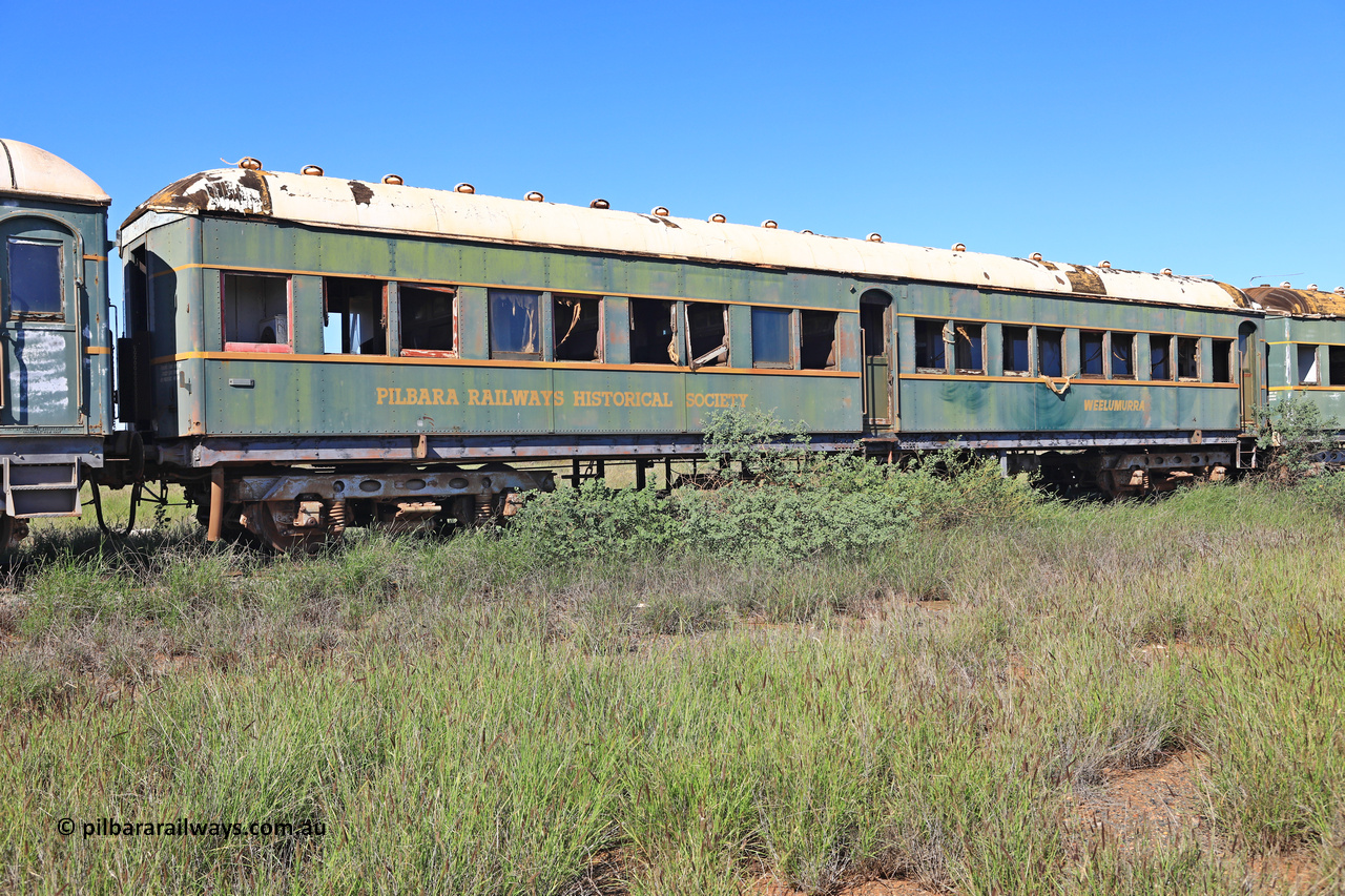 240701 2750
Pilbara Railways Historical Society, passenger carriage 'Weelumurra' was originally built by Clyde Engineering at Granville NSW in 1936 for the NSWGR as a second class railway carriage FS type FS 2138. In 1975 it was purchased by the Society and is named after a local river. July 1, 2024.
Keywords: FS2138;FS-type;Clyde-Engineering-Granville-NSW;
