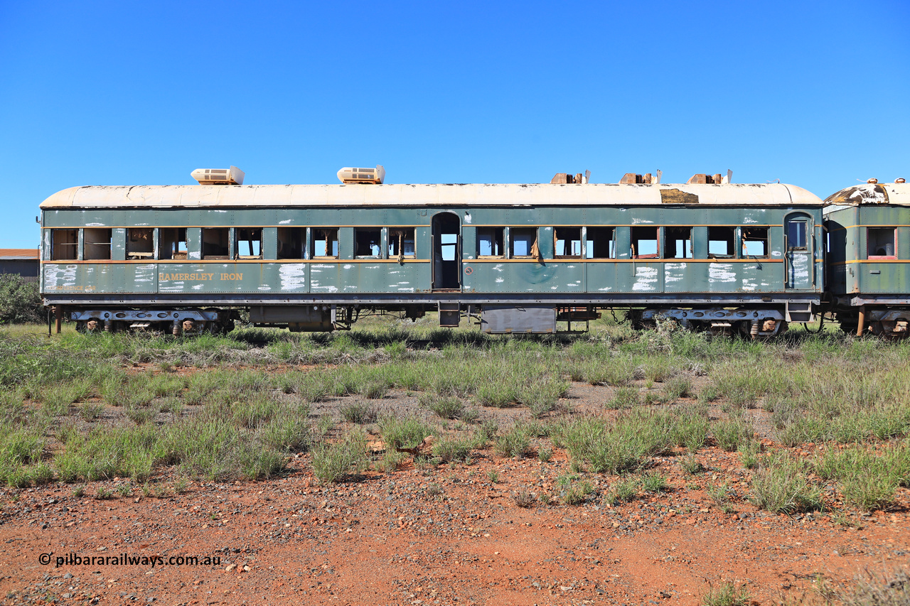 240701 2751
Pilbara Railways Historical Society, passenger carriage 'Conference Car' originally built by Clyde Engineering at Granville NSW in 1935 for the NSWGR as a second class railway carriage FS type FS 2010. In 1975 it was purchased by Hamersley Iron and converted to an inspection vehicle SV 4. When donated to the Society it was repurposed as a conference car. July1, 2024.
Keywords: FS2010;FS-type;Clyde-Engineering-Granville-NSW;