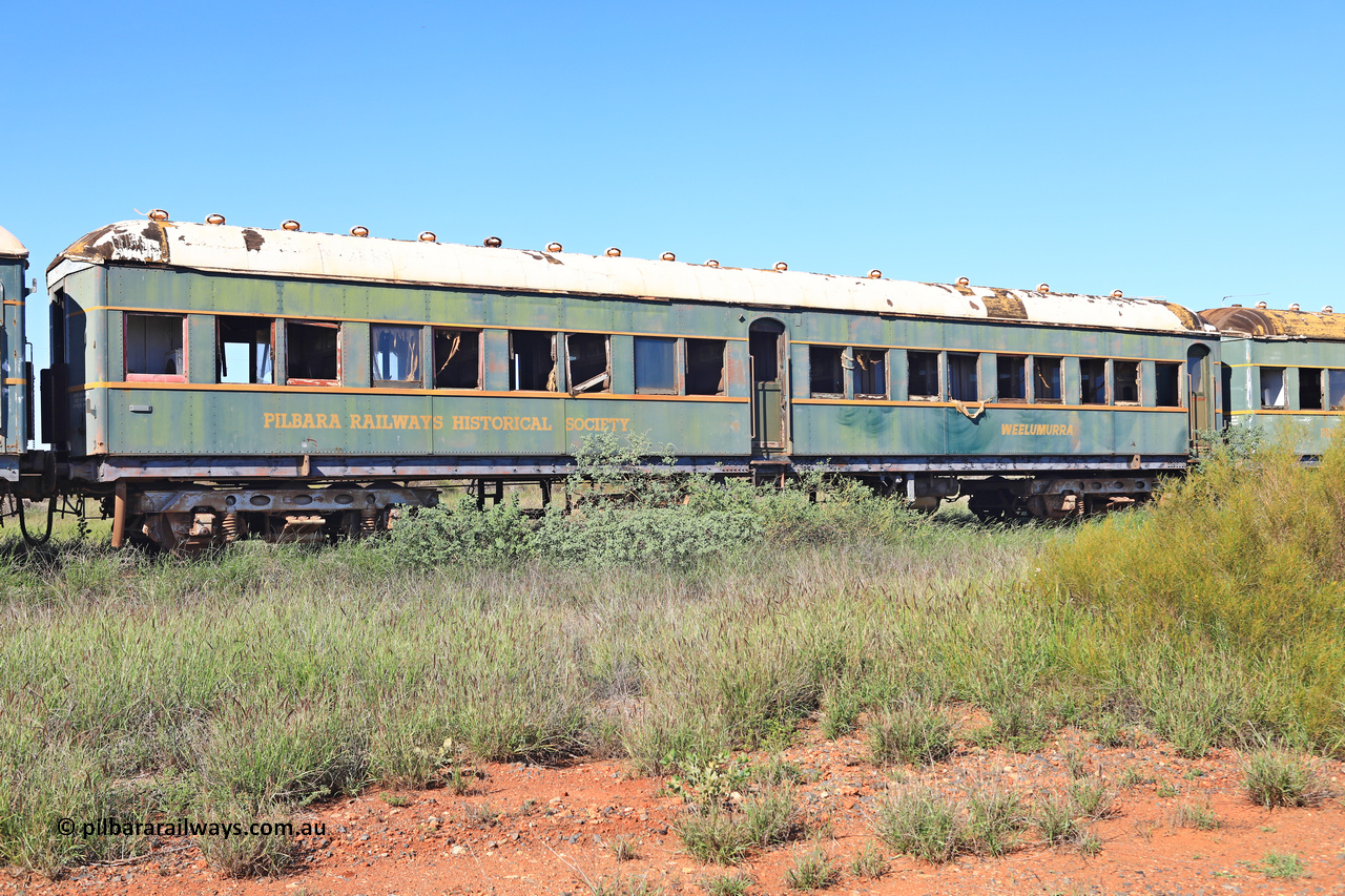 240701 2752
Pilbara Railways Historical Society, passenger carriage 'Weelumurra' was originally built by Clyde Engineering at Granville NSW in 1936 for the NSWGR as a second class railway carriage FS type FS 2138. In 1975 it was purchased by the Society and is named after a local river. July 1, 2024.
Keywords: FS2138;FS-type;Clyde-Engineering-Granville-NSW;