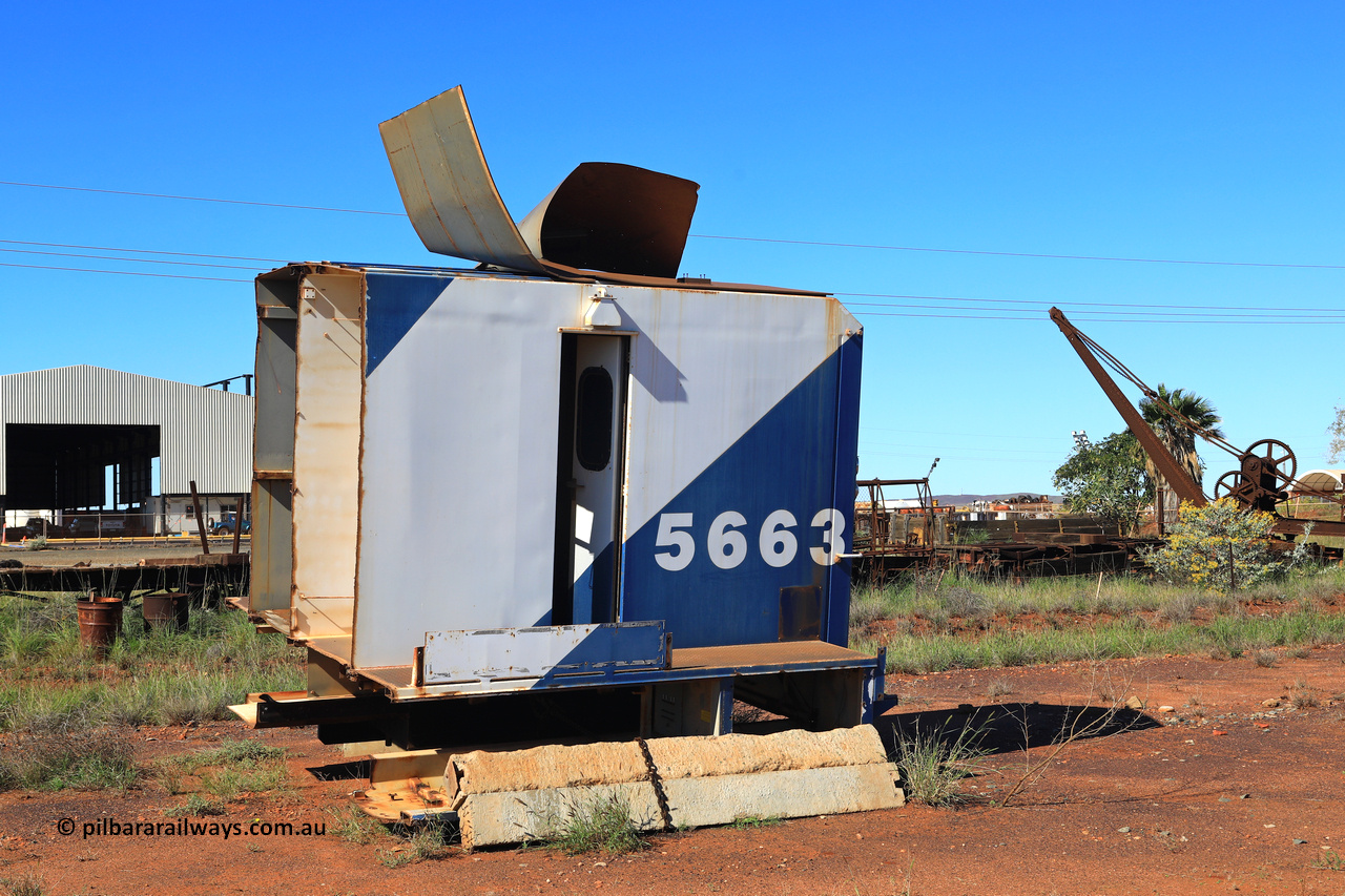 240701 2793
Pilbara Railways Historical Society, removed Locotrol cab from Goninan CM40-8ML ALCo to GE rebuild unit 5663 serial 8412-08/94-154, this unit along with the two sister cab-less units all ended up having normal driving cabs retro-fitted around 1996-97. Of note is the builders plate has now been stolen. July 1, 2024.
