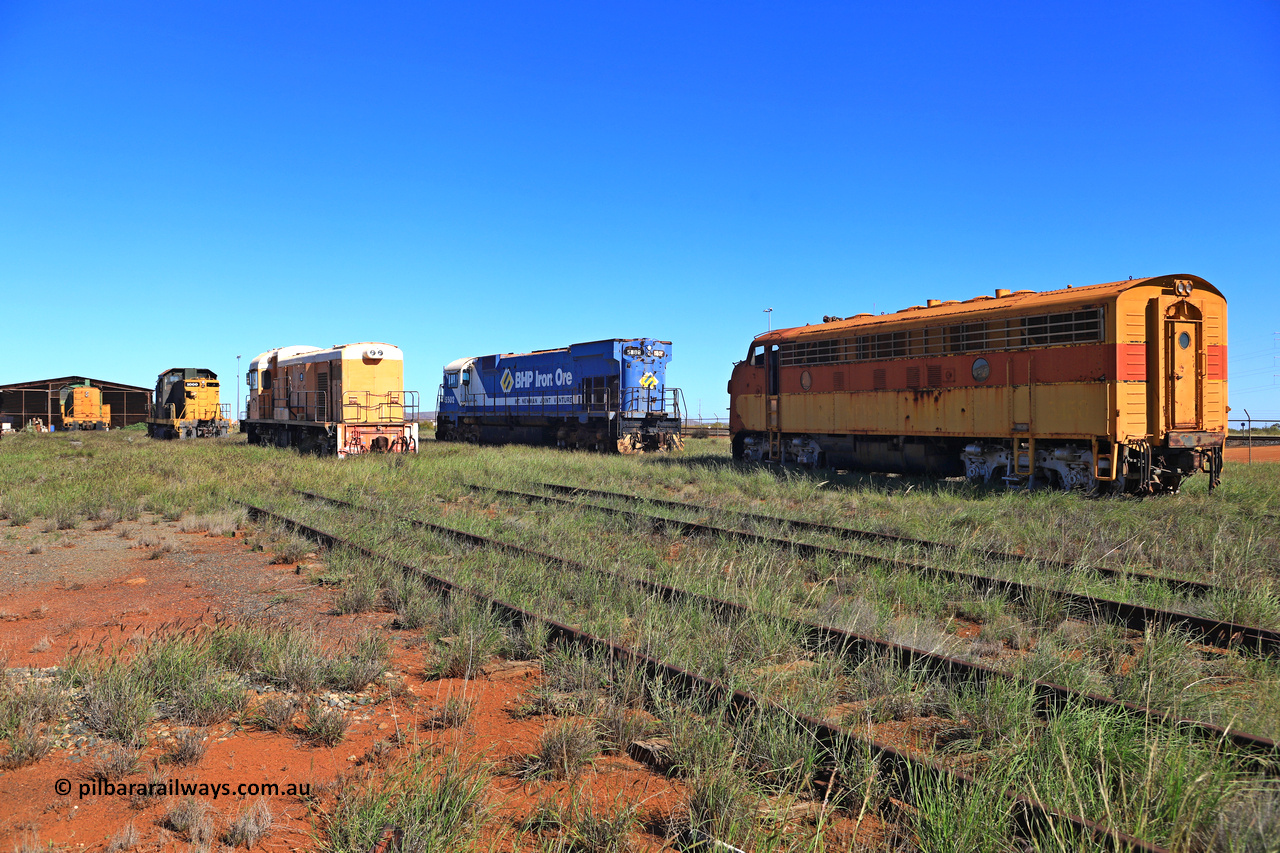 240701 2795
Pilbara Railways Historical Society, from left, the ALCo S2 Hamersley Iron 007 'Mabel', ALCo C415 demonstrator Hamersley Iron 1000, English Electric ST95B Goldsworthy Mining 1, ALCo M636 BHP 5502 and EMD F7A Mt Newman Mining 5450. July 1, 2024.
