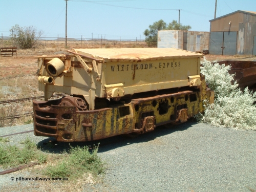 041014 122804
Pilbara Railways Historical Society, Mancha battery hauler from the former CSR underground blue asbestos mine at Wittenoom, driving position is at the rear in this shot. Shows misspelling on the side of EXPRSS rather than express. Donated to the Society in 2003. 14th October 2004.
Keywords: Mancha;
