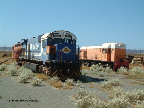 041014 142636
Pilbara Railways Historical Society museum, Australian built by Comeng NSW an MLW ALCo M636 unit formerly owned by Mt Newman Mining and BHP Iron Ore 5502 serial number C6096-7 built in July 1976, retired in 1994, donated to the Society in November 1995. 14th October 2004.
Keywords: 5502;Comeng-NSW;MLW;ALCo;M636;C6096-7;