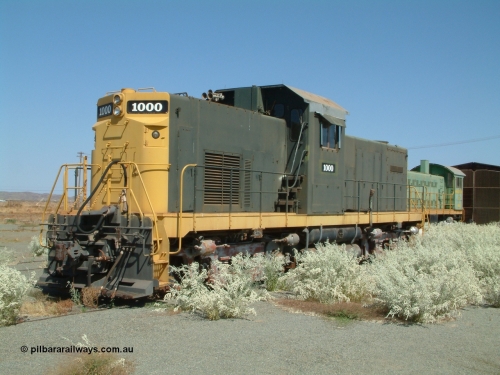 041014 142704
Pilbara Railways Historical Society, former ALCo built demonstrator locomotive model C-415 serial 3449-1 built April 1966, currently carrying number 1000, it was originally numbered 008 when Hamersley Iron purchased the unit in 1968. It was retired from service on the 24th February 1982. It then spent some time carrying number 2000 while building the Marandoo railway line from Sept 1991. 14th October 2004.
Keywords: 1000;ALCo;C-415;3449-1;008;2000;